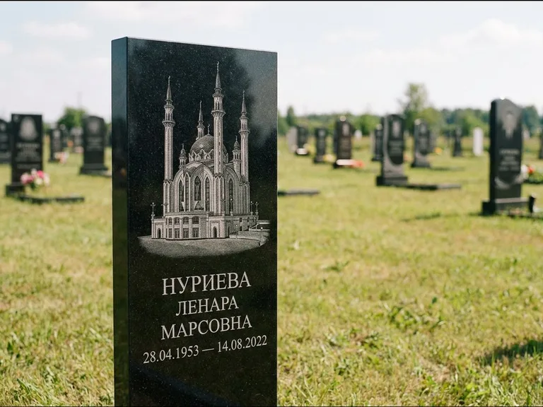 Мусульманский памятник с гравировкой мечети: узкая вертикальная стела-пилон — гравировка мечети в михраб-арке с орнаментом, открытая лужайка без ограды, работа «Хайруллина» в Перми