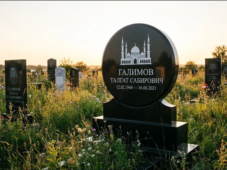 Мусульманский памятник с гравировкой мечети: округлая стела-медальон на тумбе — гравировка мечети в михраб-арке с орнаментом, луговые травы и полевые цветы, работа «Каримов» в Перми