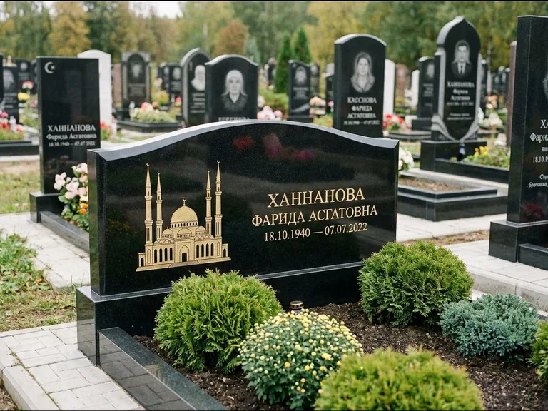 Мусульманский памятник с гравировкой мечети: вытянутая горизонтальная семейная стела с аркой — белая гравировка силуэта мечети с минаретами, участок с декоративными кустами, работа «Гарипова» в Перми