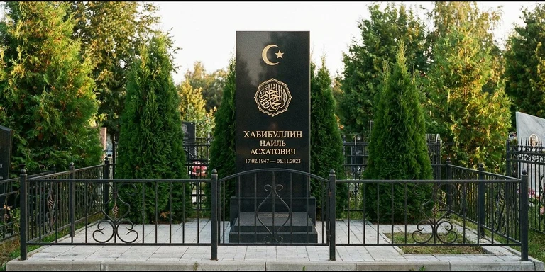 Гравировка на мусульманском памятнике в Перми — стела из чёрного гранита, оформление по канонам ислама