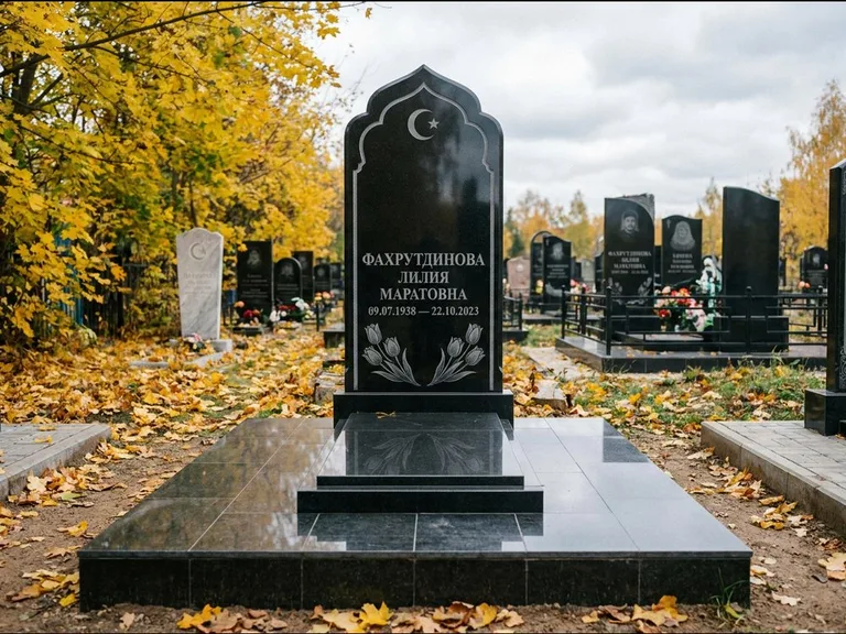 Мусульманский памятник: стела с михраб-навершием в форме арки — гравировка минарета с полумесяцем, гранитный цоколь с тёмной плиткой, работа «Фахрутдинова» в Перми