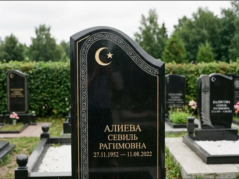 Мусульманский памятник: асимметричная скошенная стела — белая гравировка силуэта мечети с минаретами, живая изгородь из кустарника, работа «Алиева» в Перми