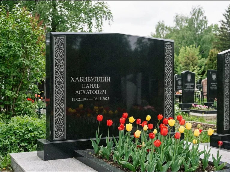 Мусульманский памятник: широкая двойная семейная стела — золочёная гравировка мечети, цветник с тюльпанами, работа «Хабибуллин» в Перми
