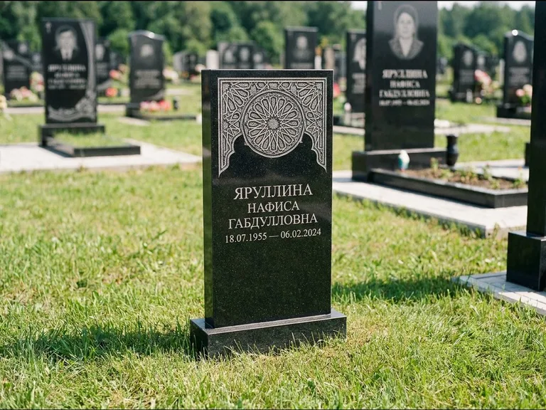 Мусульманский памятник: небольшая скромная невысокая стела — золочёная гравировка мечети, аккуратный участок с газоном, работа «Фахрутдинова» в Перми