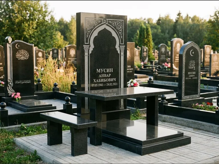 Мусульманский памятник: стела с гранитным столиком и скамьёй — гравировка мечети под полумесяцем и звёздами, семейный участок с плиткой, работа «Гимаев» в Перми
