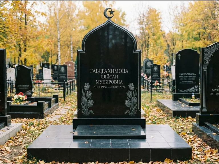 Мусульманский памятник: массивная стела с михраб-навершием — белая гравировка силуэта мечети с минаретами, цоколь тёмной плиткой, работа «Магомедова» в Перми