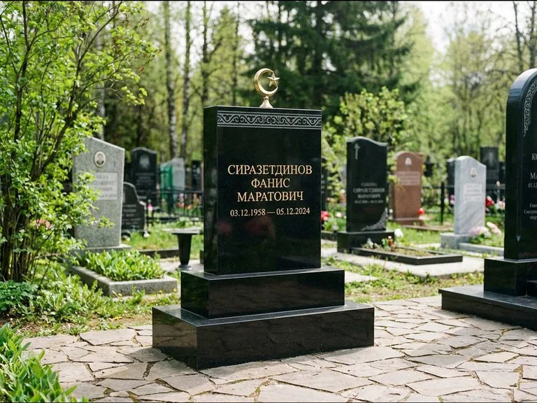 Мусульманский памятник: ступенчатая трёхуровневая стела — золочёная гравировка мечети, дорожка из природного плитняка, работа «Мустафин» в Перми