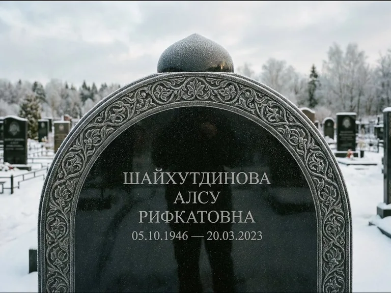 Мусульманский памятник: полукруглая стела с купольным навершием — гравировка мечети под полумесяцем и звёздами, заснеженный зимний участок, работа «Ганиева» в Перми