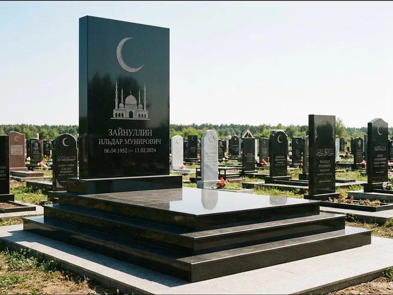 Мусульманский памятник: массивная стела на ступенчатом постаменте — гравировка мечети под полумесяцем и звёздами, гранитная площадка без ограды, работа «Хабибуллин» в Перми