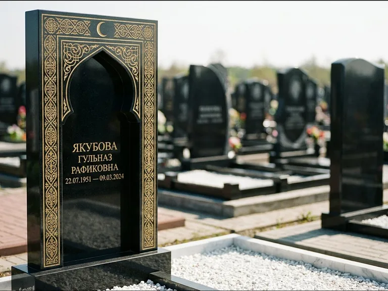 Мусульманский памятник: стела в форме михраба с глубокой нишей и золочёным орнаментом — детализированная гравировка мечети Кул-Шариф, участок с белой мраморной крошкой, работа «Мустафин» в Перми