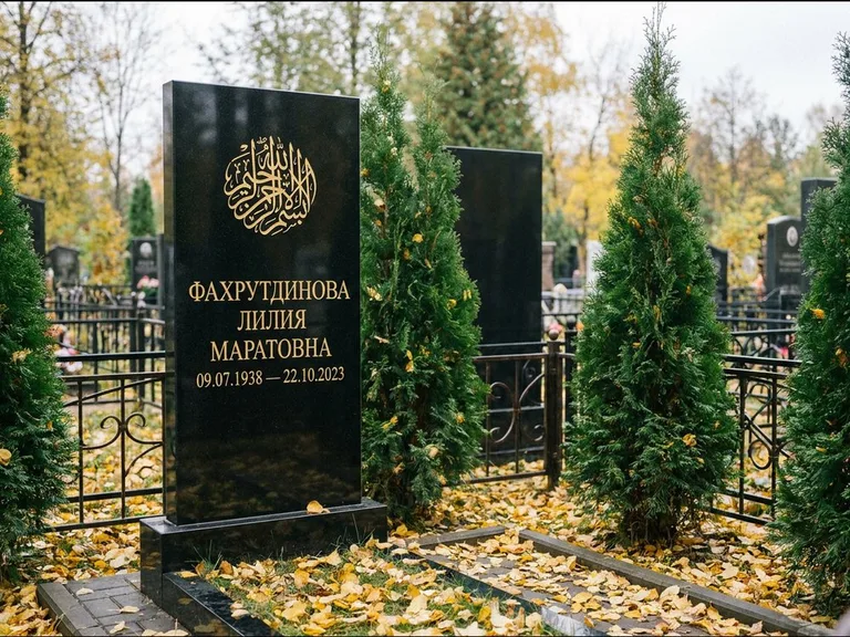 Мусульманский памятник — шахада в верхней части стелы, работа «Фахрутдинова» в Перми