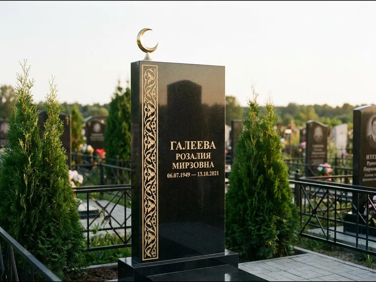 Памятник с гравировкой полумесяца — золочёный полумесяц и колонна растительного орнамента-ислими, работа «Галеева» в Перми