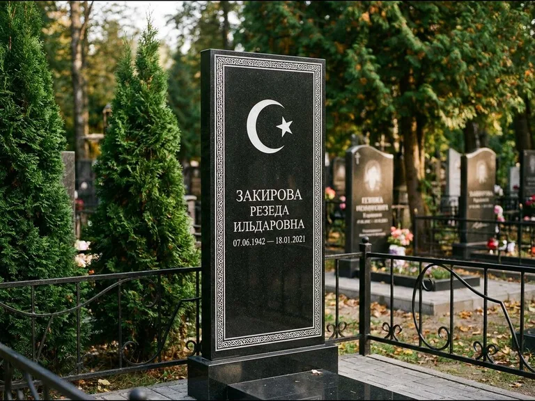 Памятник с гравировкой полумесяца — строгая белая гравировка полумесяца со звездой и орнаменталь, работа «Закирова» в Перми