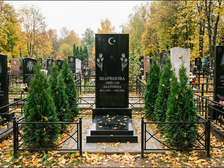 Памятник с гравировкой полумесяца — гравировка полумесяца со звездой и тюльпанами по бокам, работа «Шарипова» в Перми