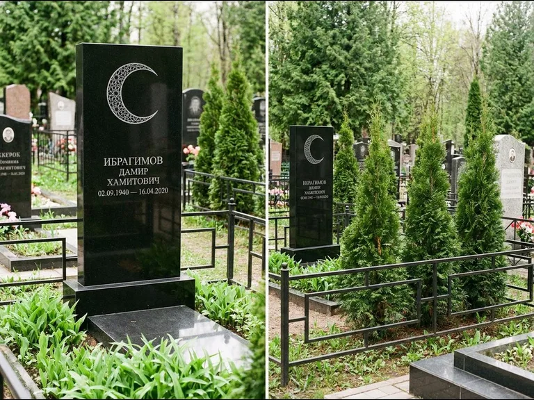 Памятник с гравировкой полумесяца — гравировка полумесяца в геометрическом орнаменте-гирихе, работа «Ибрагимов» в Перми