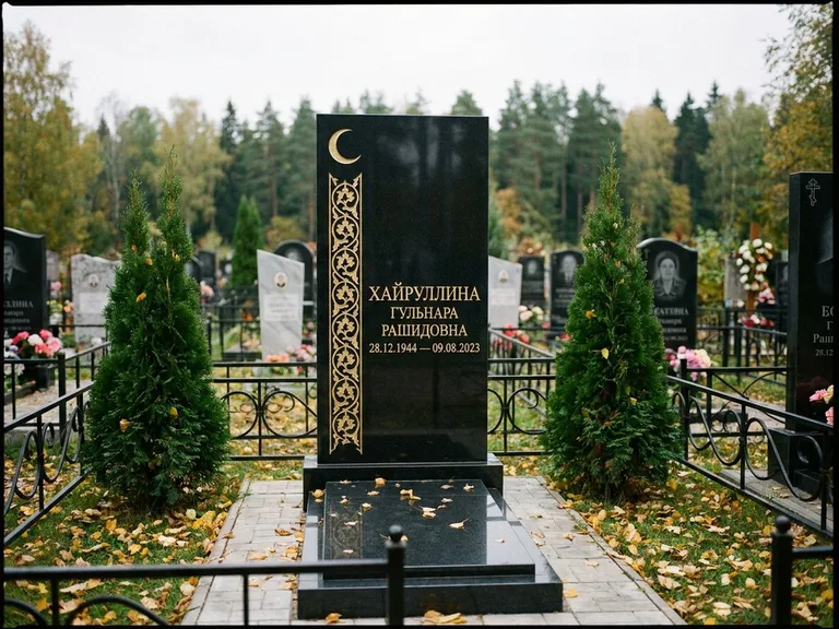 Памятник с гравировкой полумесяца — золочёный полумесяц и колонна растительного орнамента-ислими, работа «Хайруллина» в Перми