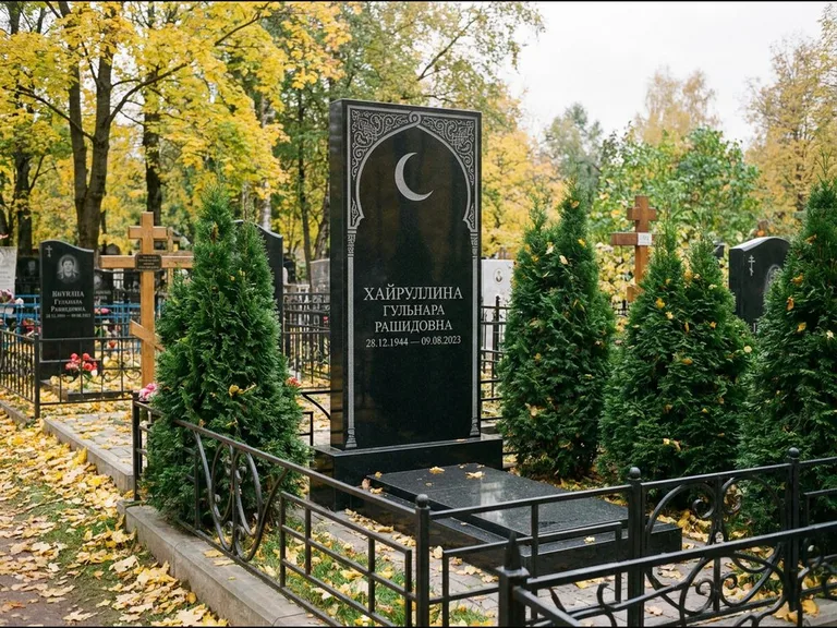 Памятник с гравировкой полумесяца — гравировка полумесяца в восточной арке с орнаментом, работа «Хайруллина» в Перми