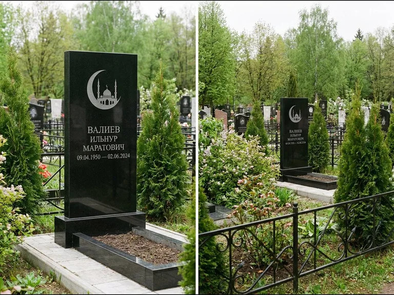 Памятник с гравировкой полумесяца — гравировка полумесяца над силуэтом мечети, работа «Валиев» в Перми