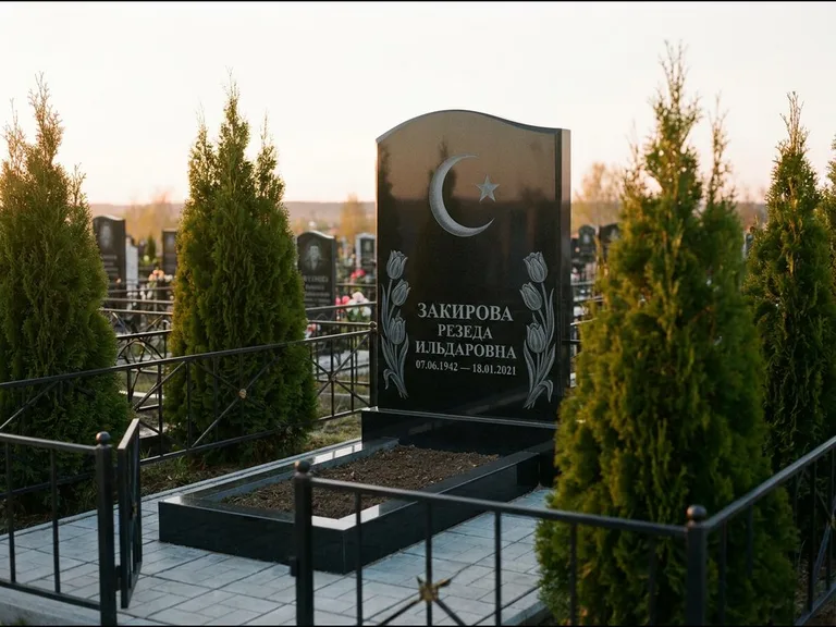 Памятник с гравировкой полумесяца — гравировка полумесяца со звездой и тюльпанами по бокам, работа «Закирова» в Перми