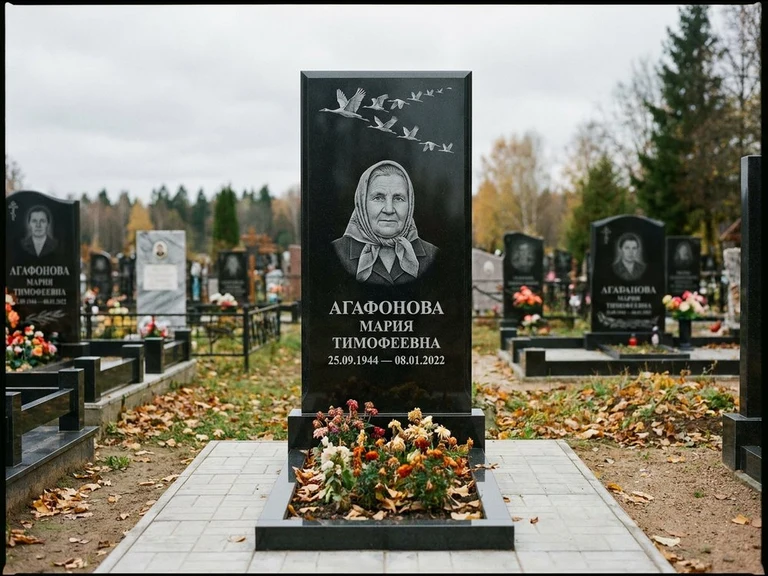 Гравировка журавлей на памятник в Перми — памятник из чёрного гранита с гравировкой