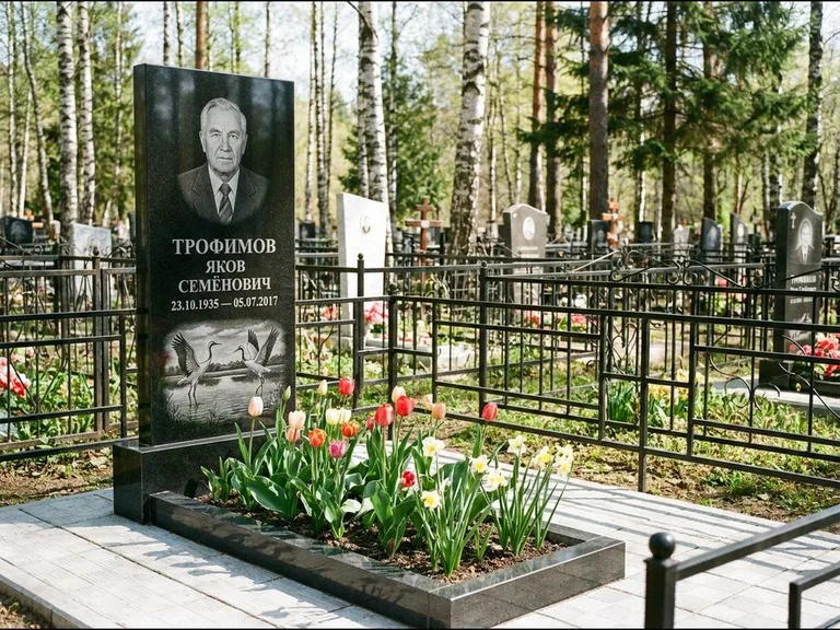 Памятник с гравировкой журавлей — гравировка пары журавлей над гладью озера в нижней части, работа «Трофимов» в Перми