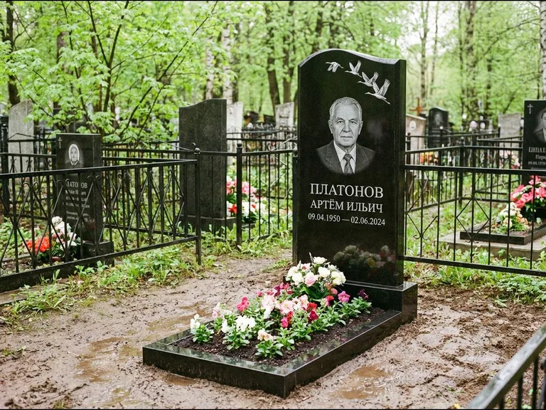 Памятник с гравировкой журавлей — белая гравировка клина журавлей, уходящего в верхний угол ст, работа «Платонов» в Перми