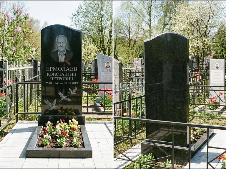 Памятник с гравировкой журавлей — гравировка трёх журавлей по диагонали через свободное поле с, работа «Ермолаев» в Перми