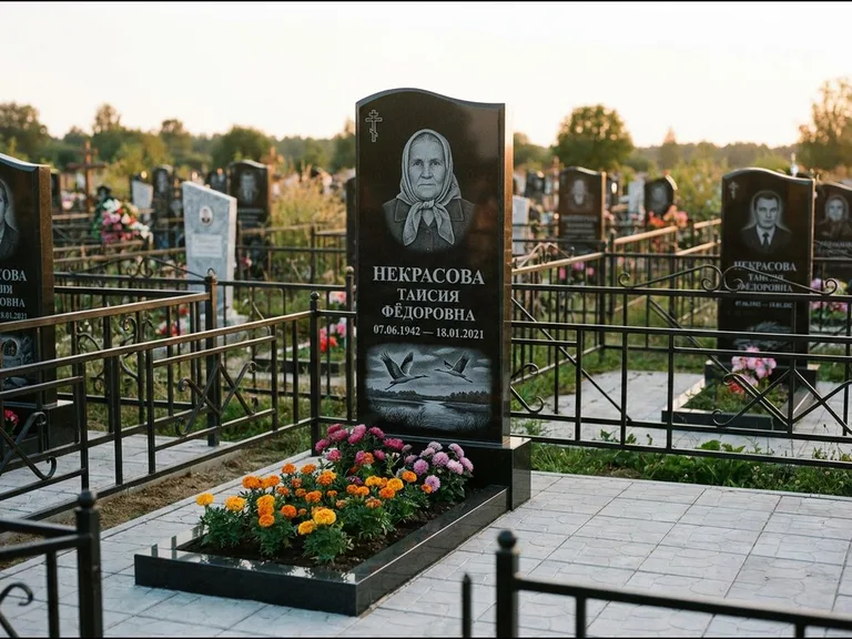 Памятник с гравировкой журавлей — гравировка пары журавлей над гладью озера в нижней части, работа «Некрасова» в Перми