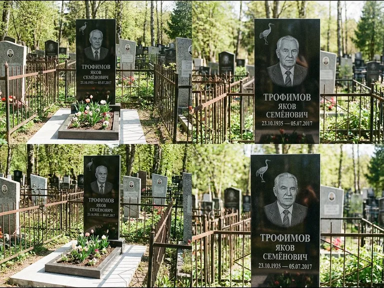 Памятник с гравировкой журавлей — гравировка одиночного летящего журавля над портретом, работа «Трофимов» в Перми