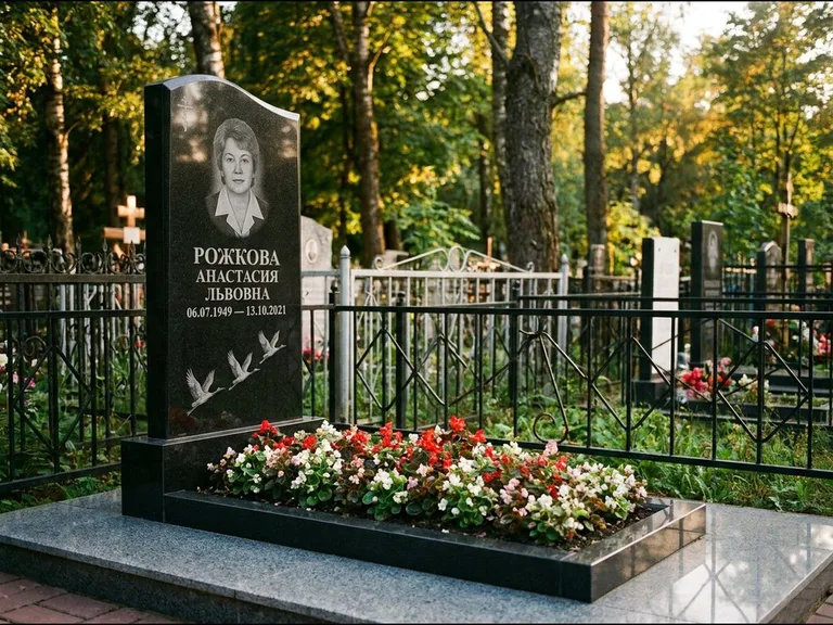 Памятник с гравировкой журавлей — гравировка трёх журавлей по диагонали через свободное поле с, работа «Рожкова» в Перми