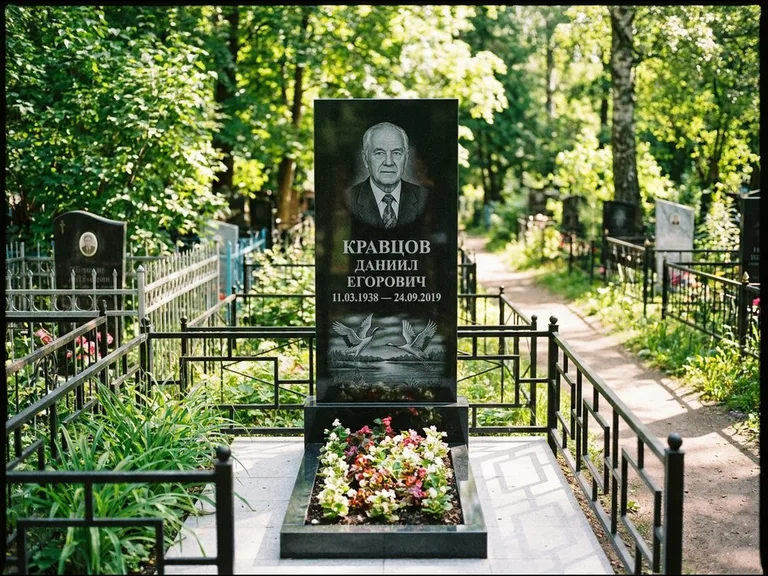Памятник с гравировкой журавлей — гравировка пары журавлей над гладью озера в нижней части, работа «Кравцов» в Перми