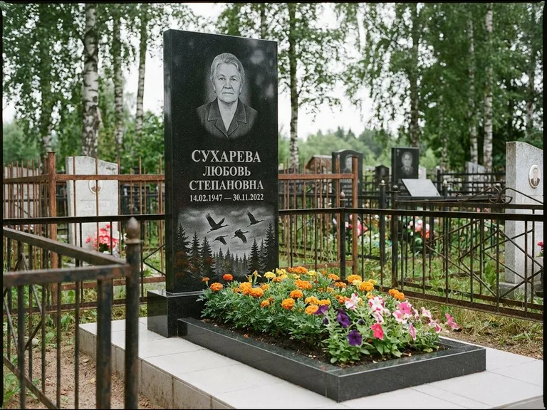 Памятник с гравировкой журавлей — гравировка силуэтов журавлей над еловым лесом, работа «Сухарева» в Перми