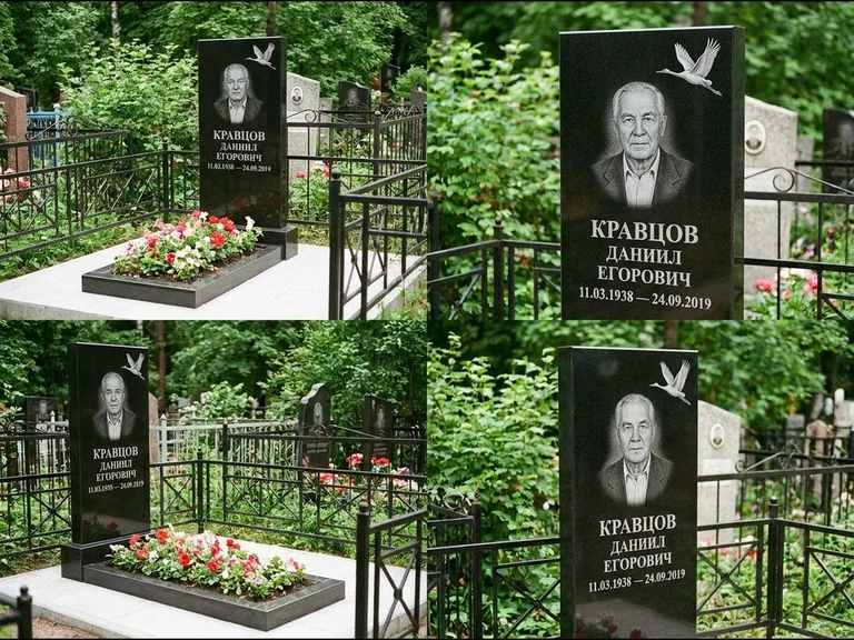 Памятник с гравировкой журавлей — белая гравировка клина журавлей, уходящего в верхний угол ст, работа «Кравцов» в Перми