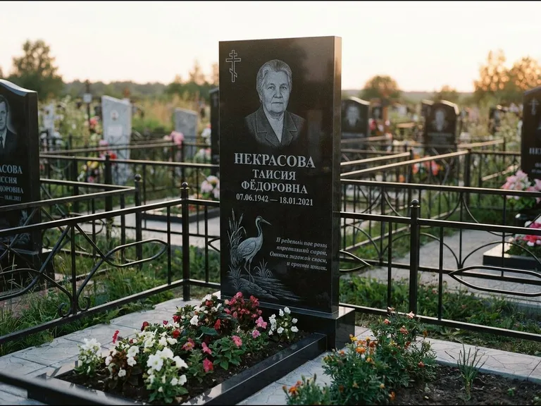 Памятник с гравировкой журавлей — гравировка журавля у камышей рядом с эпитафией, работа «Некрасова» в Перми
