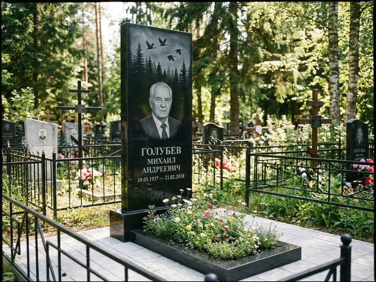 Памятник с гравировкой журавлей — гравировка силуэтов журавлей над еловым лесом, работа «Голубев» в Перми