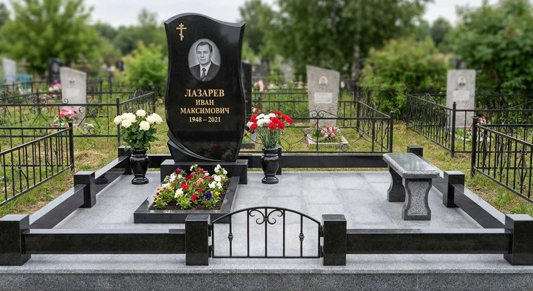 Гранитный памятник с портретом, Гранитный памятник работы «Мастер Каменев» на кладбище в Ульяновске
