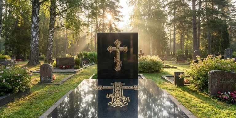 Гравировка креста на памятнике в Перми — православный восьмиконечный крест на граните