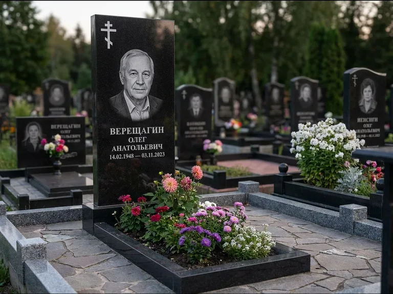 Памятник из чёрного гранита — горизонтальная плита-стела с православным восьмиконечным крестом, работа «Тихонов» в Перми