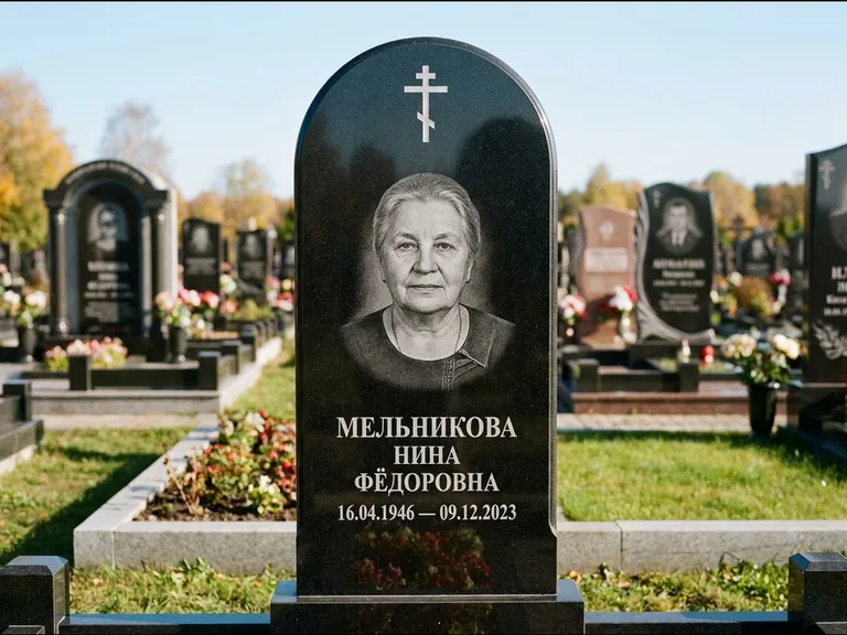 Памятник из чёрного гранита — стела с резным навершием с латинским крестом, работа «Савельева» в Перми