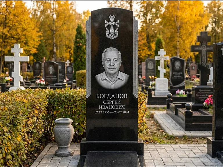 Памятник из чёрного гранита — круглая стела-медальон с армянским хачкаром, работа «Ковалёв» в Перми