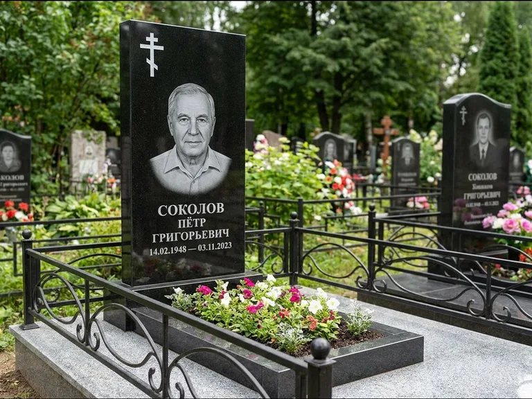Памятник из чёрного гранита — стела с арочным верхом с православным восьмиконечным крестом, работа «Ковалёв» в Перми
