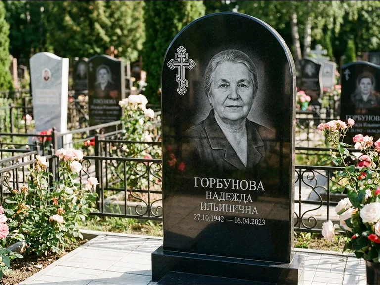 Памятник из чёрного гранита — стела с боковой колонной с крестом в лучах, работа «Мельникова» в Перми