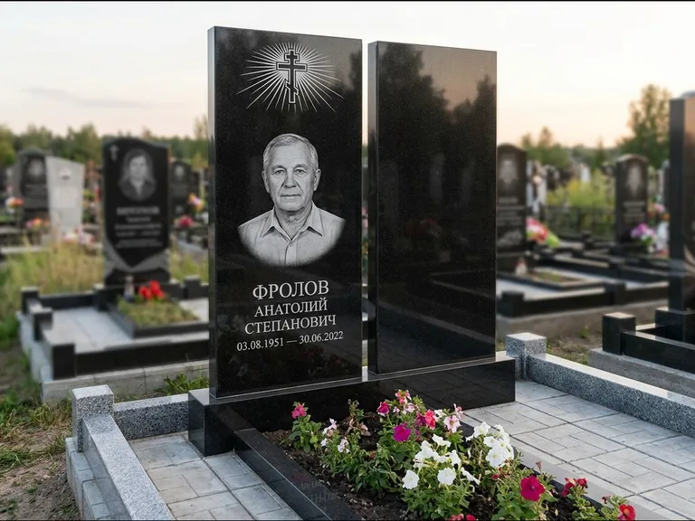 Памятник из чёрного гранита — стела на ступенчатом постаменте с золочёным крестом, работа «Богданов» в Перми