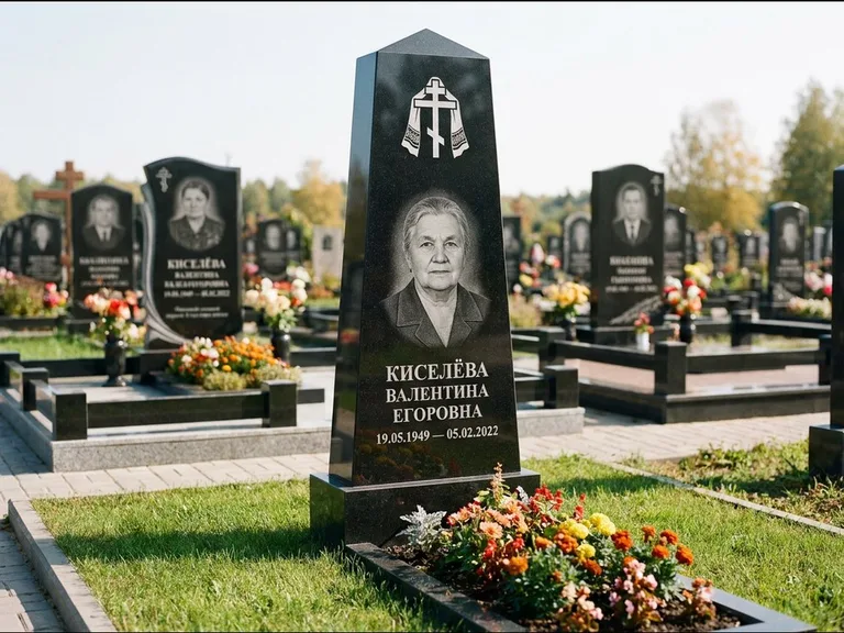 Памятник из чёрного гранита — стела со скошенным верхом с ажурным резным крестом, работа «Селезнёва» в Перми