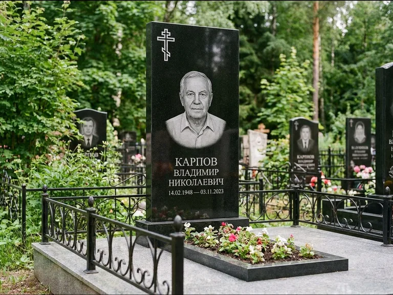 Памятник из чёрного гранита — узкая стела с ажурным крестом с православным восьмиконечным крестом, работа «Гущин» в Перми