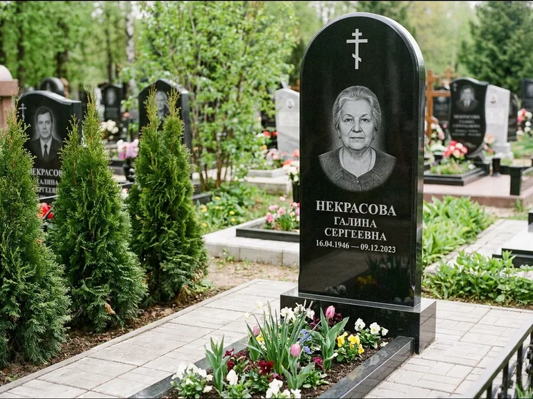 Памятник из чёрного гранита — стела с цветником-плитой с латинским крестом, работа «Лаврентьева» в Перми