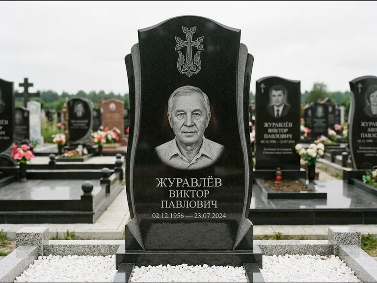 Памятник из чёрного гранита — панорамная стела с армянским хачкаром, работа «Тихонов» в Перми