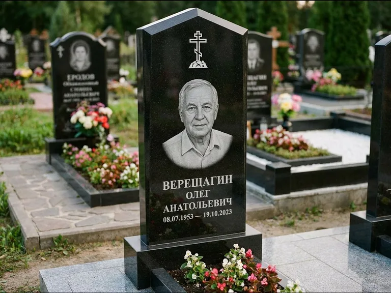 Памятник из чёрного гранита — обелиск-колонна с крестом на Голгофе, работа «Ковалёв» в Перми