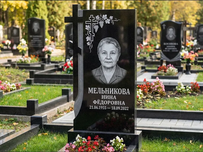 Памятник из чёрного гранита — стела с резной рамкой с крестом с распятием, работа «Некрасова» в Перми