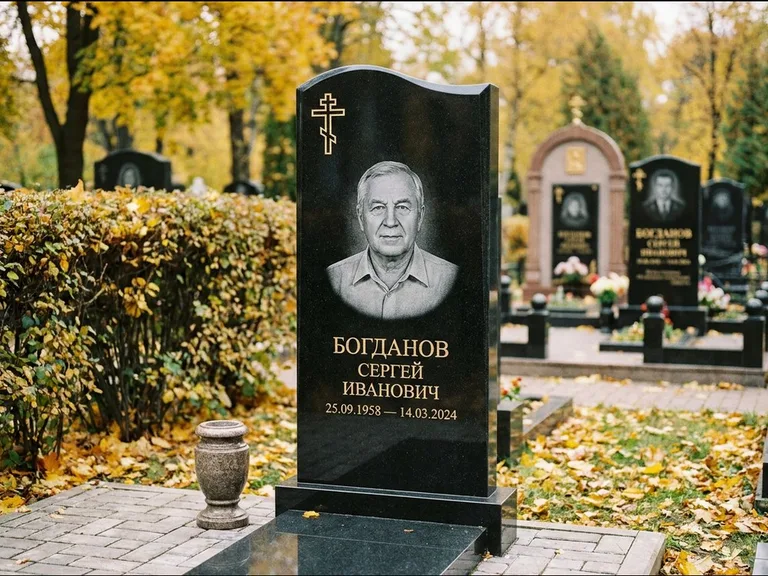 Памятник из чёрного гранита — стела с цветником с процветшим крестом с виноградной лозой, работа «Журавлёв» в Перми